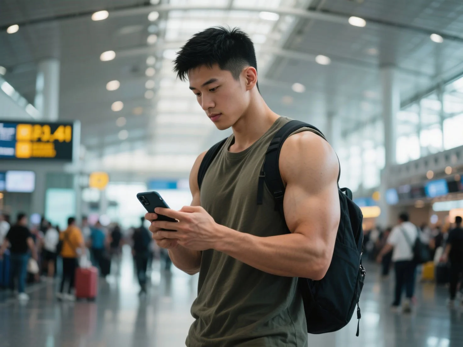 Muscular man with a backpack checks his phone at the airport to purchase 旅行保险 for his upcoming international trip.