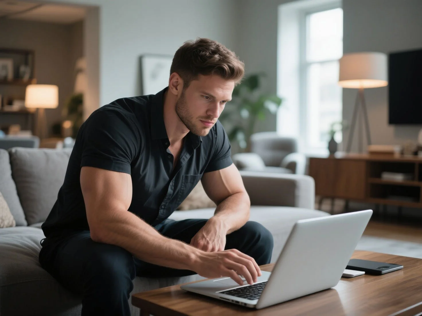 A focused man sits on a living room sofa typing on a laptop, illustrating the process of filing a water damage claim online.