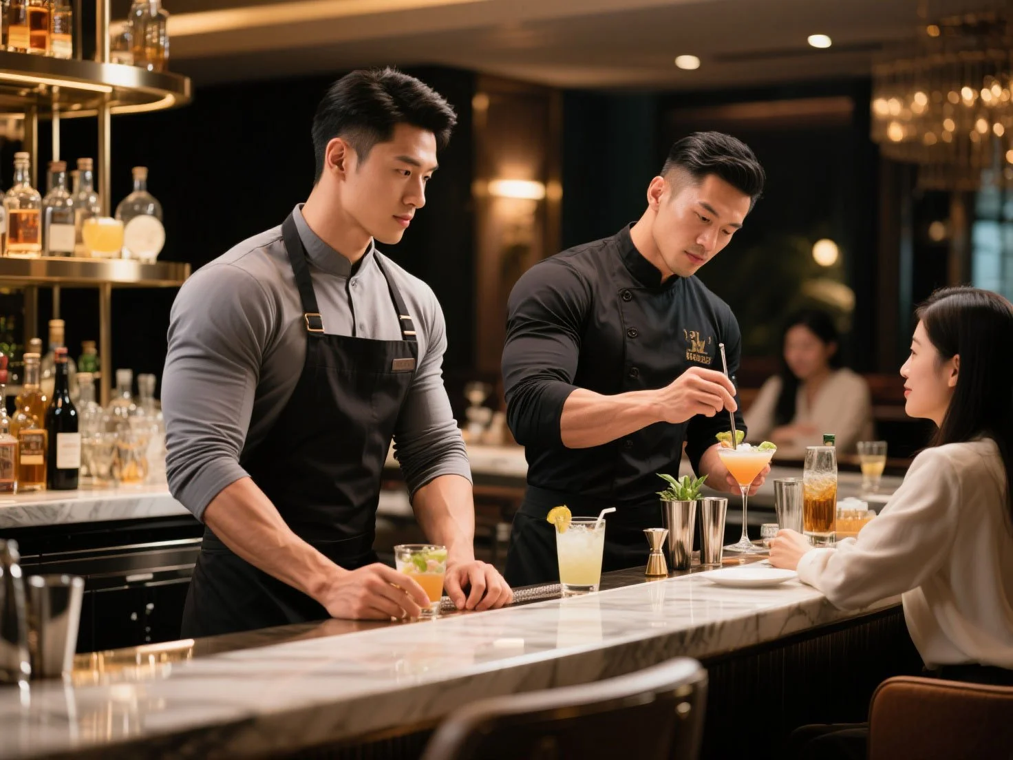 Two bartenders serving cocktails to a seated woman in a stylish bar with bottles on shelves.