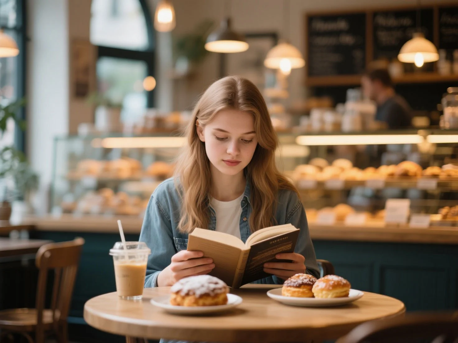 A young woman with long blonde hair reading a book at a café table, with two plates of donuts and an iced coffee in a to-go cup.