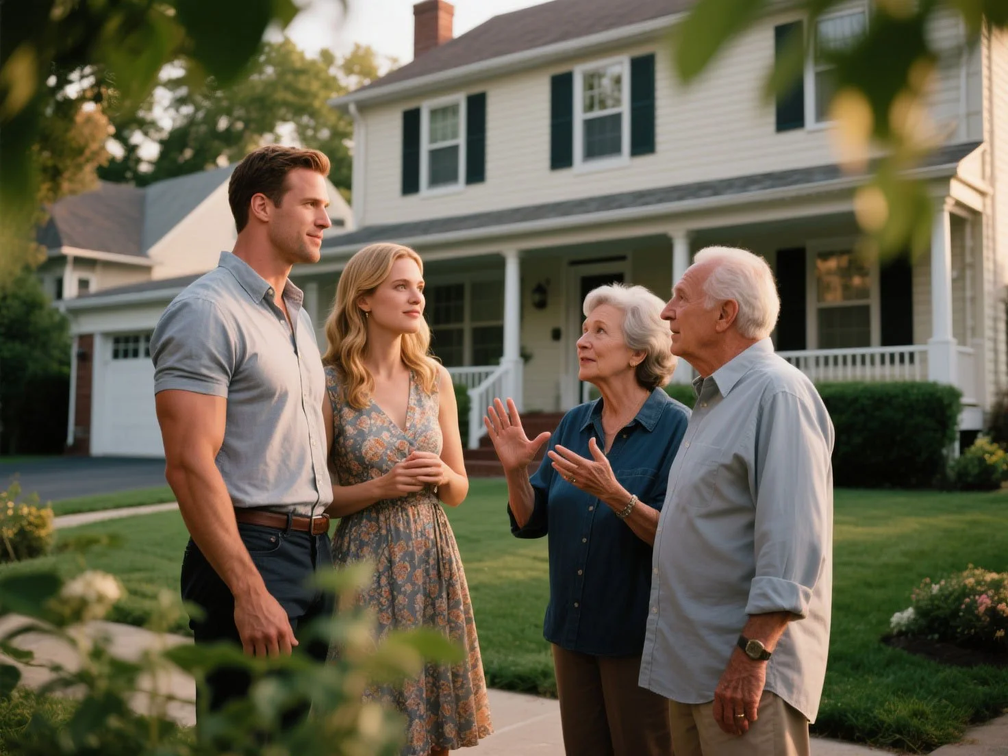 Four people, two young adults and two older adults, standing on a lawn in front of a house, engaged in conversation during the daytime.