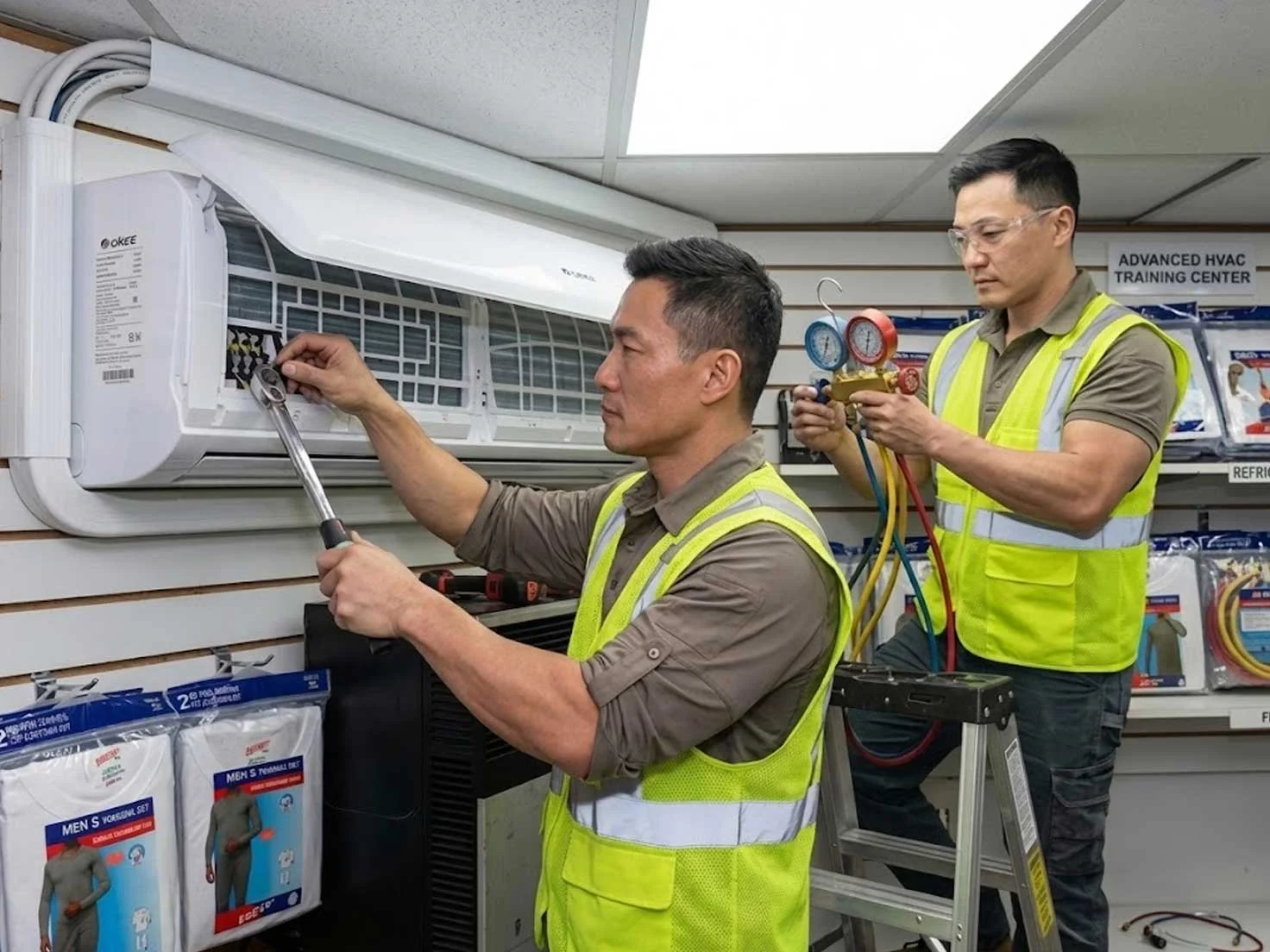 Professional technicians demonstrate an HVAC installation using specialized tools on a wall-mounted air conditioner.