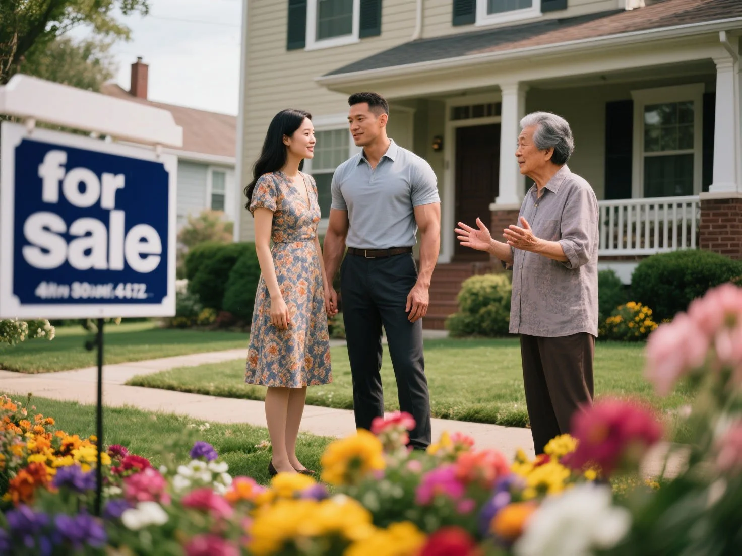 在美国东北部买房？为什么“高风险”地段的成本可能超过您的抵押贷款。画面中，一对年轻亚裔夫妇在带有明确出售标志的郊区房屋前与房产经纪人认真交流，展示了购房者在评估房产时需警惕的额外隐形财务风险以及潜在的长期维护成本。