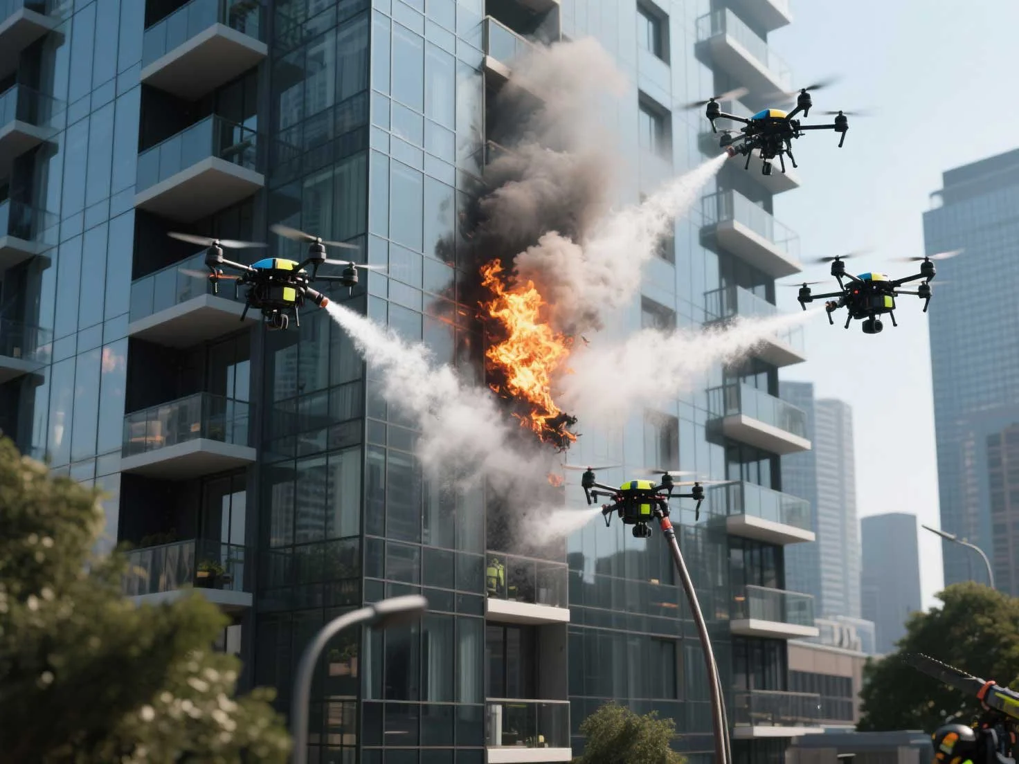 Drones pulling out the fire on a modern condo building.