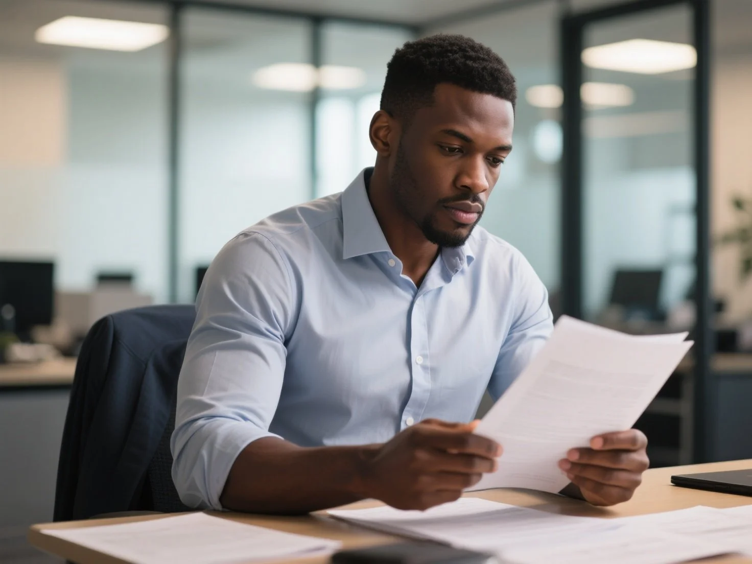 A handsome black male reading a letter of his Buisness Owners Policy.