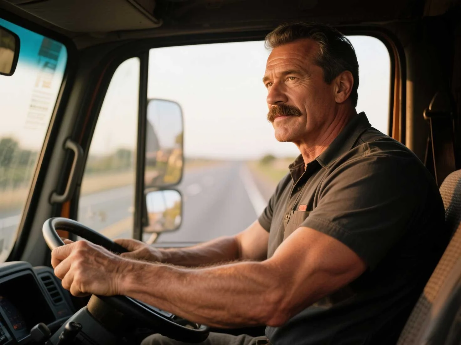 A middle-aged truck driver with a mustache and short hair driving a truck on a highway during sunset. Choosing the right coverage for the commercial auto insurance is a mandatory by most state governments.