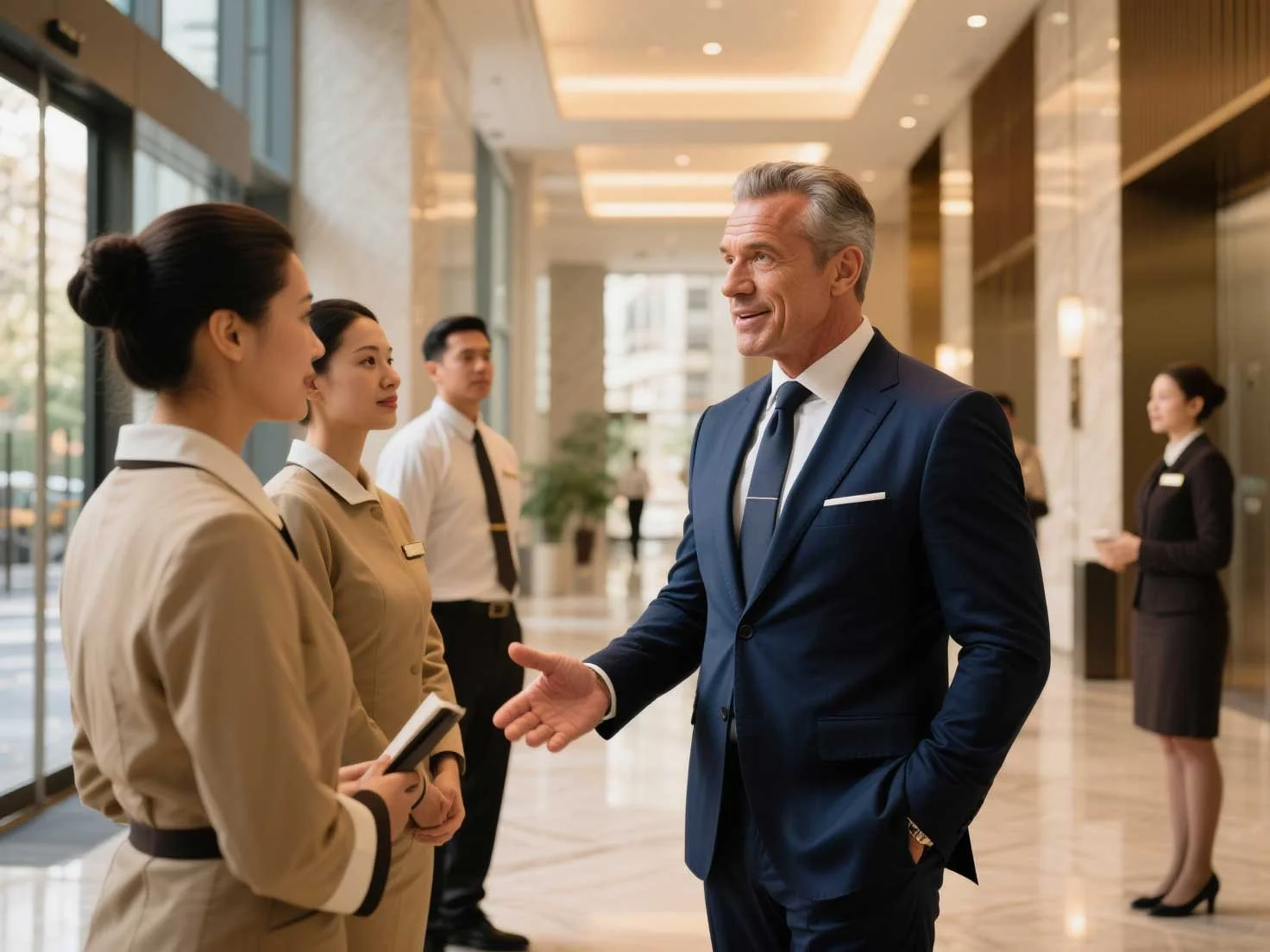 The handsome CEO talking to his customer service employees about what commercial property insurance will cover.