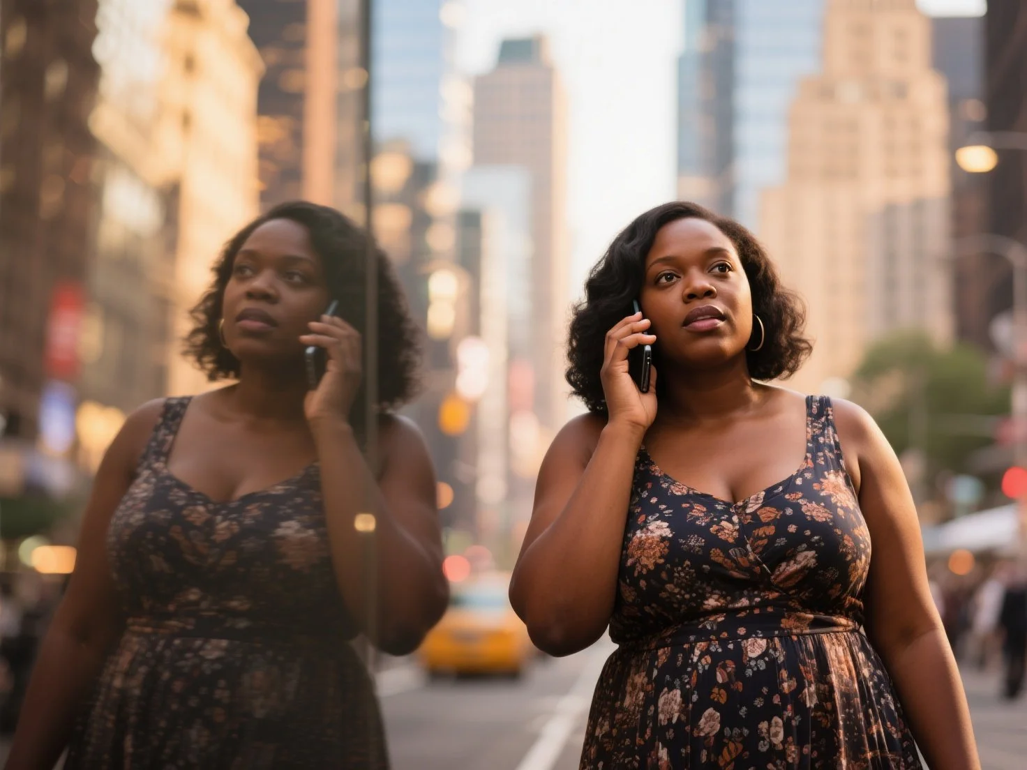 Woman with curly hair in a floral dress talking on a cell phone on a city street, with her reflection visible in a glass window beside her.