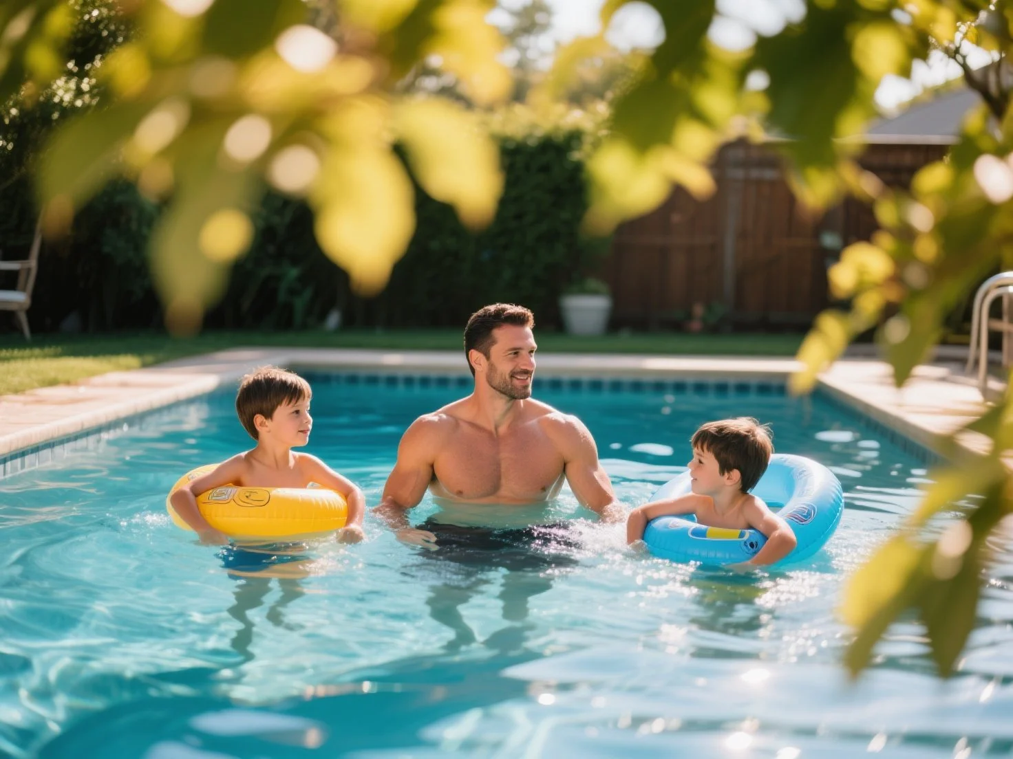 A man with two young boys in a backyard swimming pool, The boys have float rings, and the father is smiling. It is important to know the risks of having a pool on the premises. The home insurance will keep the risks away.