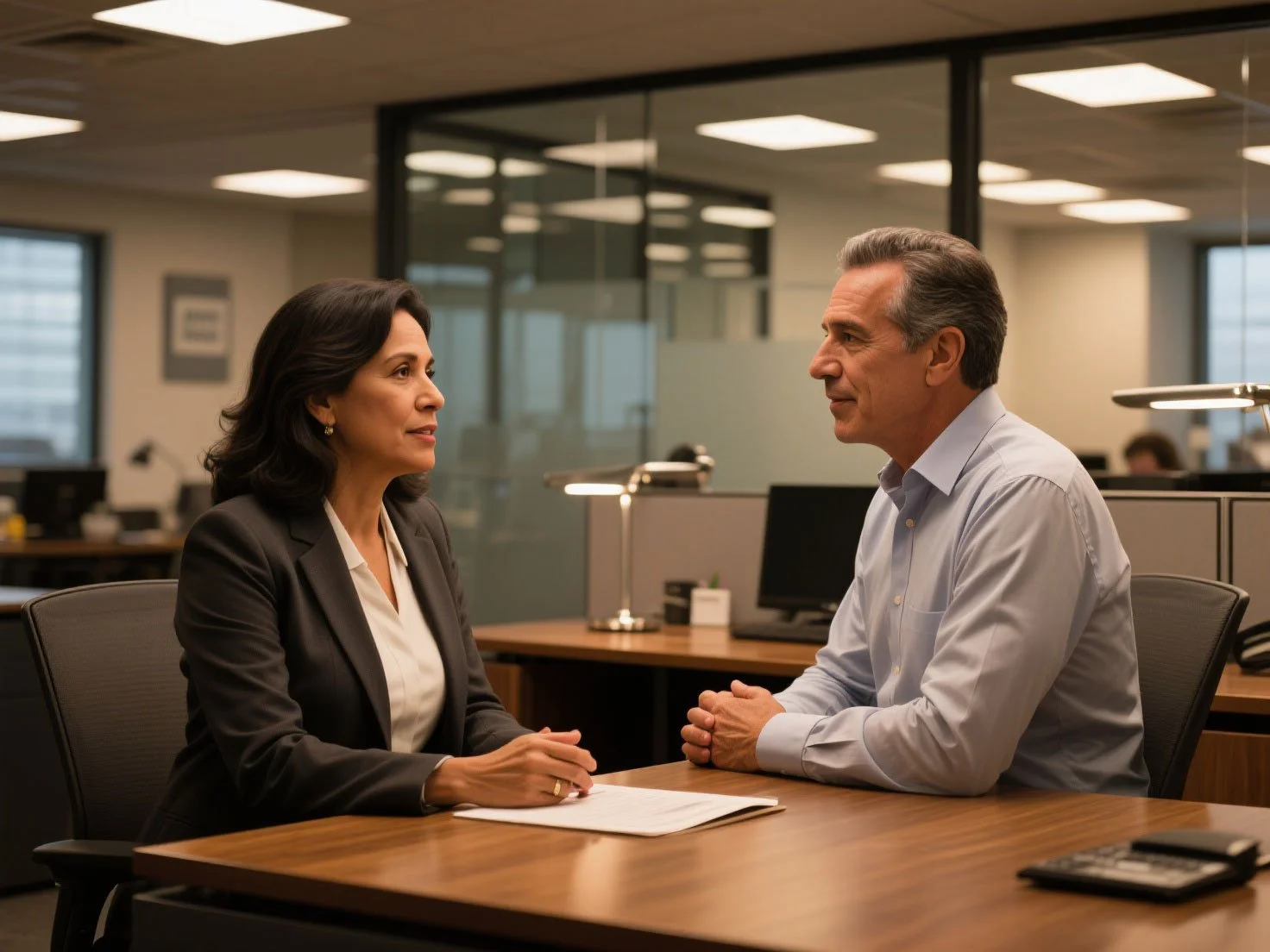 An insurance broker and a man sitting across from each other at an office desk, engaging in a conversation. She is explaining what does personal umbrella insurance cover.