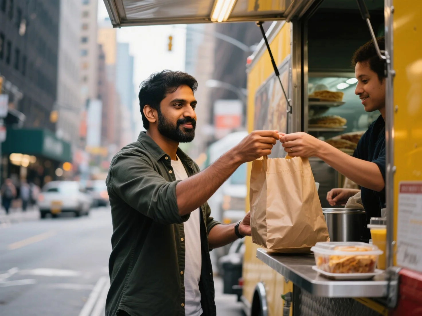 A man is buying food from a street vendor in a city.