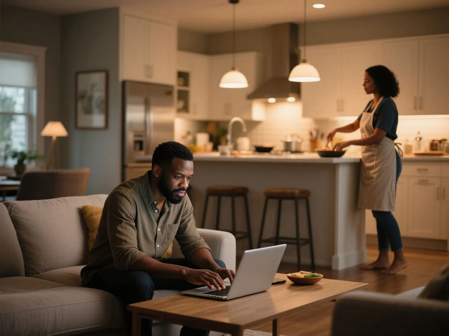 A husband looking for personal umbrella insurance on his laptop while his wife preparing the dinner.
