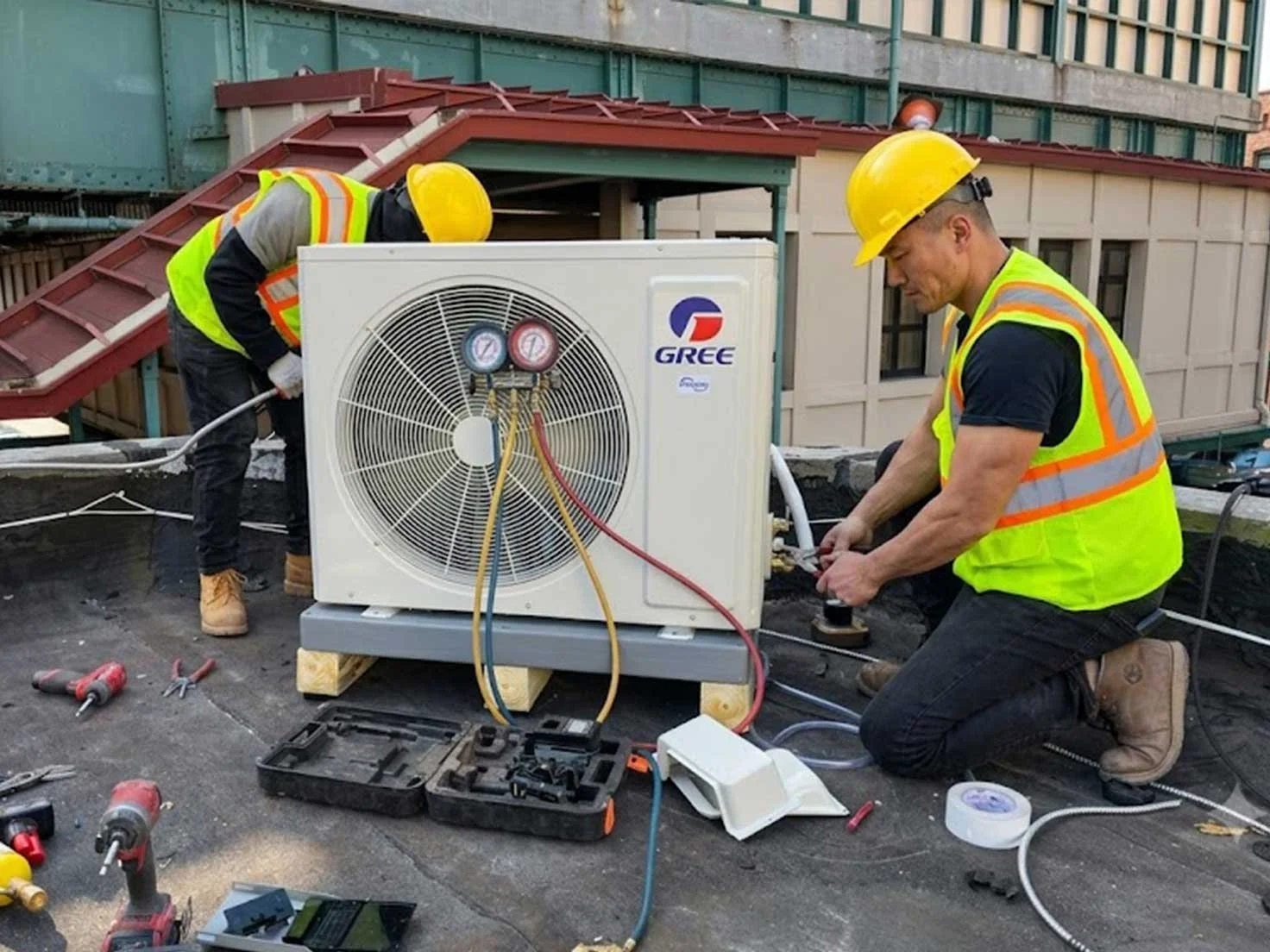 Technicians perform an HVAC installation by connecting gauges and tools to a GREE outdoor condenser unit on a rooftop.