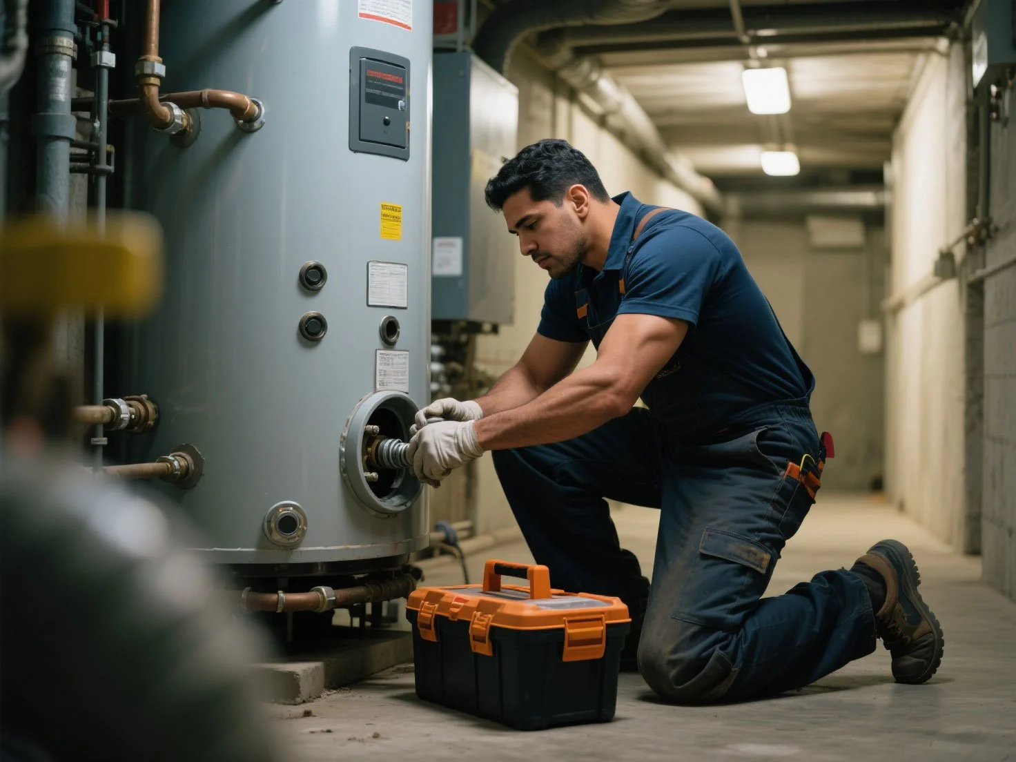 Plumbing contractor cover by the contractor insurance is working to repair the boiler in a large condo building.