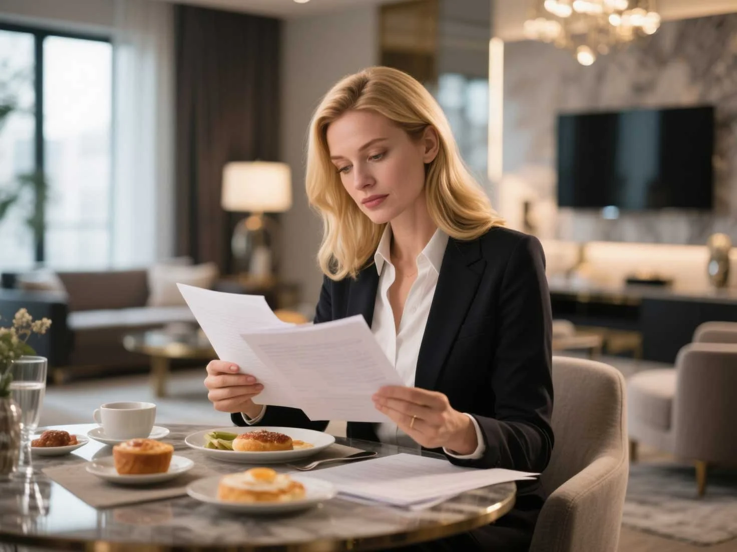 A woman in a black blazer and white blouse sitting at a dining table in a nice restaurant, reading a piece of paper. There are plates of food and a cup on the table, with a modern, well-lit restaurant interior in the background.