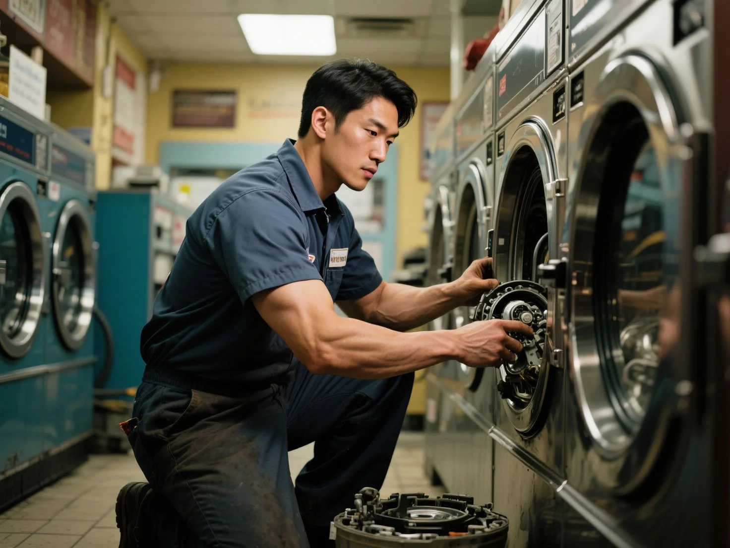一名专业的维修工正在自助洗衣房修理大型洗衣设备。对于提供此类上门维护服务的专业人员来说，配置一份承包商保险是保障业务稳健运营的关键，能有效降低工作现场意外事故带来的经济损失，确保在各种职业环境下都能得到全面保障。