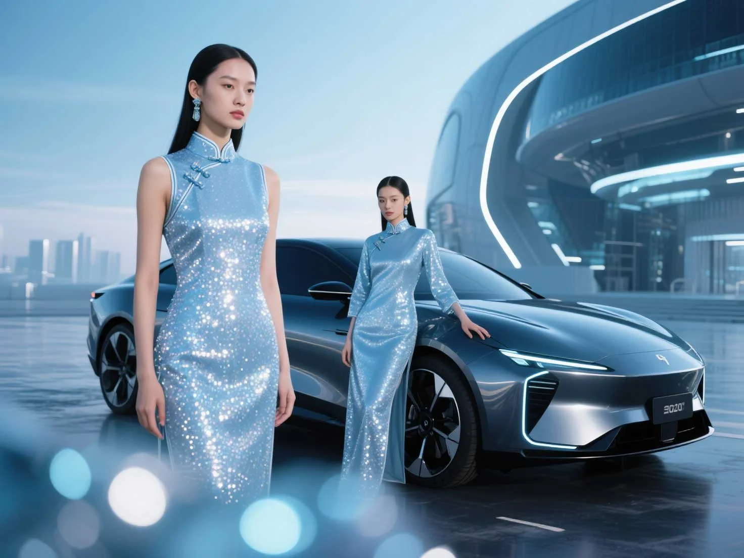 Two women in shimmering blue dresses standing in front of a sleek black car with a futuristic cityscape background. Personal aut insurance for tthe luxury car could help pay the high price repairs.