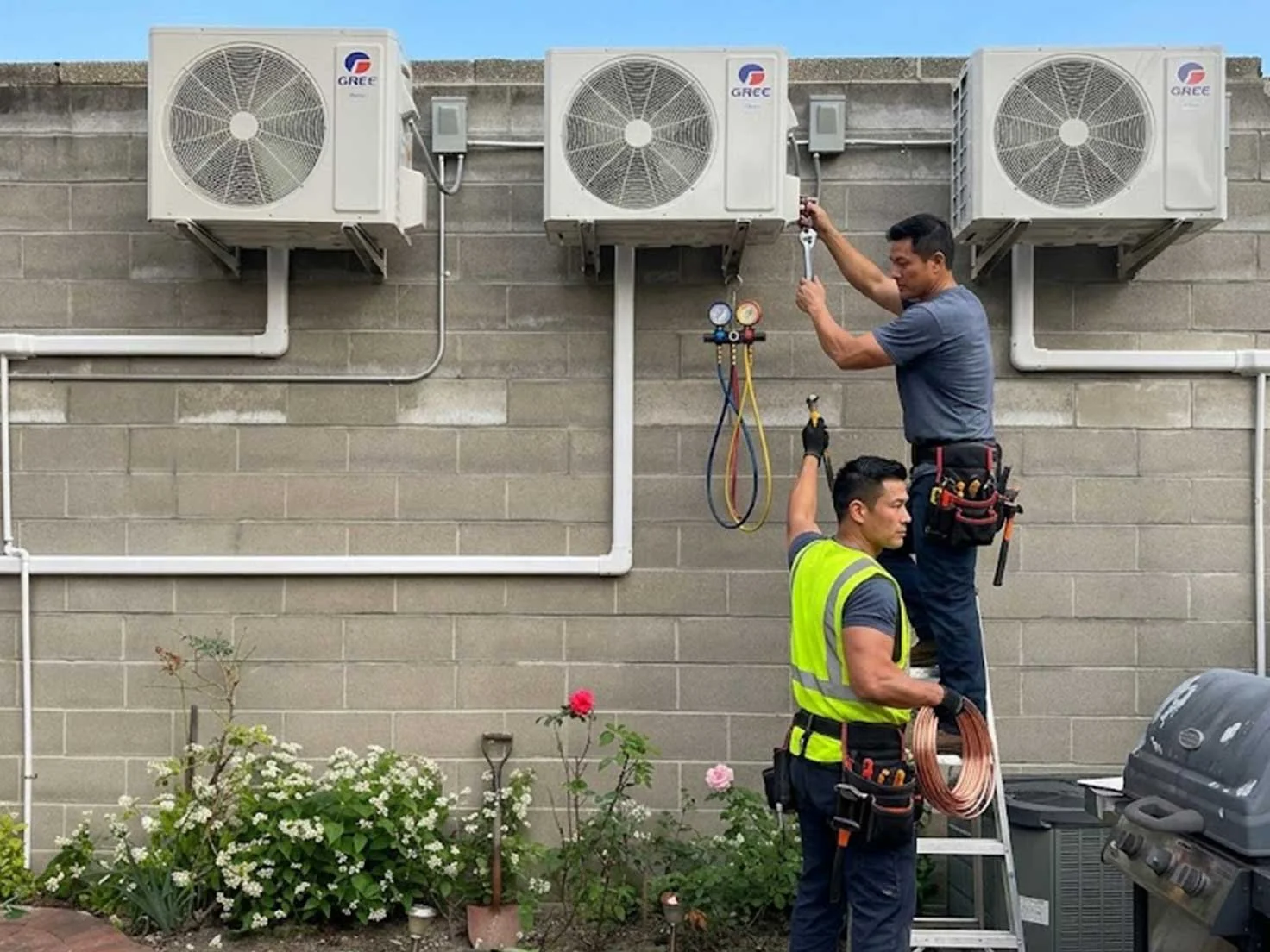 Expert HVAC technicians service outdoor units, illustrating why HVAC companies insurance is essential for field work.