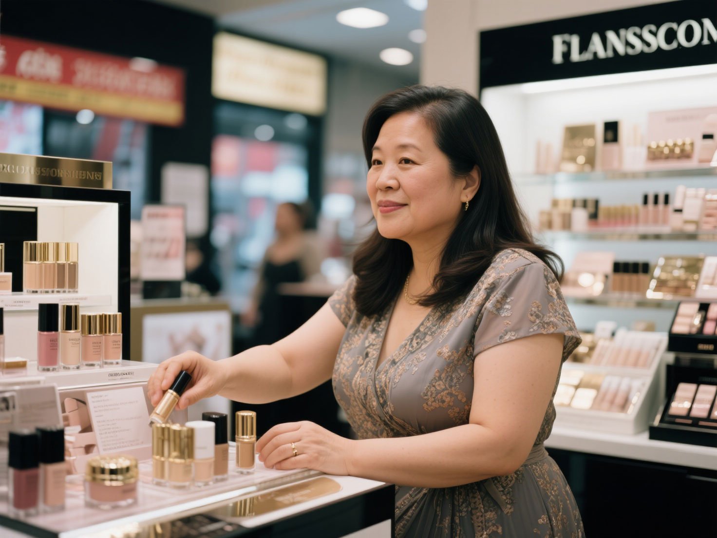 A woman shopping for makeup items in a cosmetics store, smiling while holding a bottle of foundation. What will commercial general liability insurance cover the retail business?
