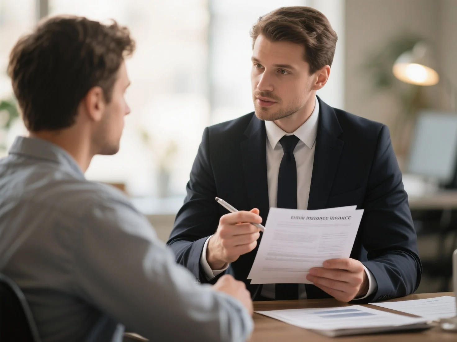 A man in a suit and tie talking to another man at a desk, holding a paper about life insurance.