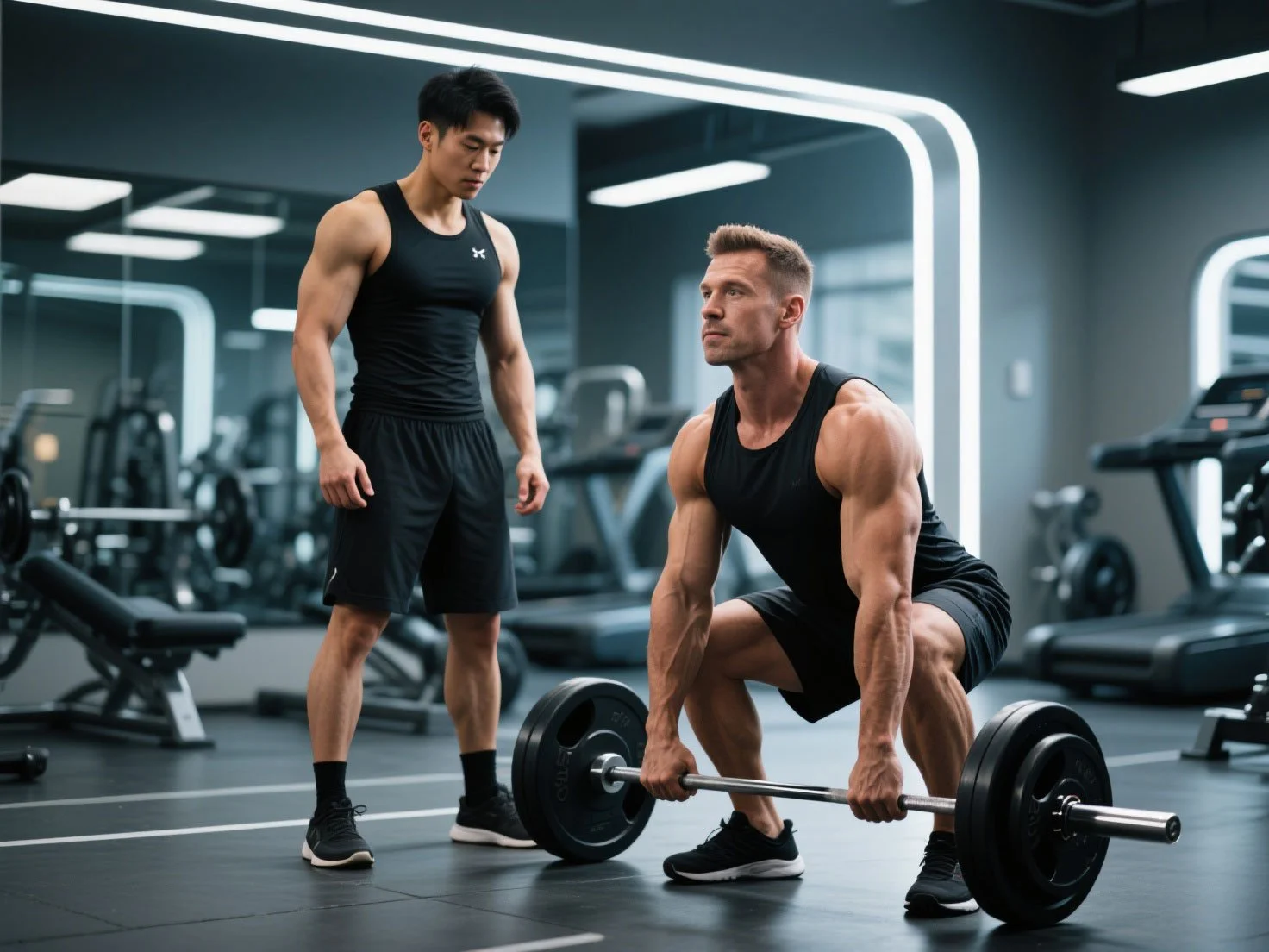 Asian personal trainer spotting the older caucasian weigh lifter.