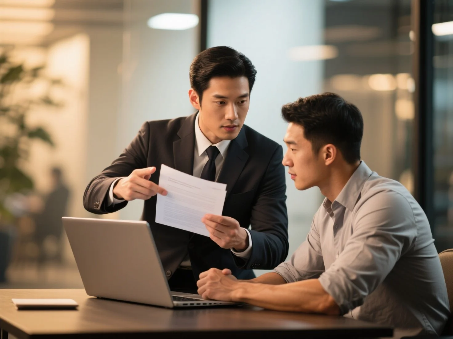 Handsome insurance broker explaining the policy to his customer on how homeowners policy can protect his business.