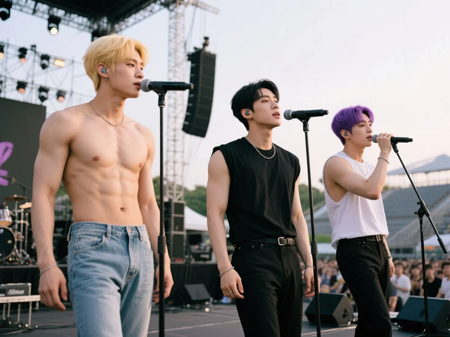 Asian boy band idol rehersing before their world tour.