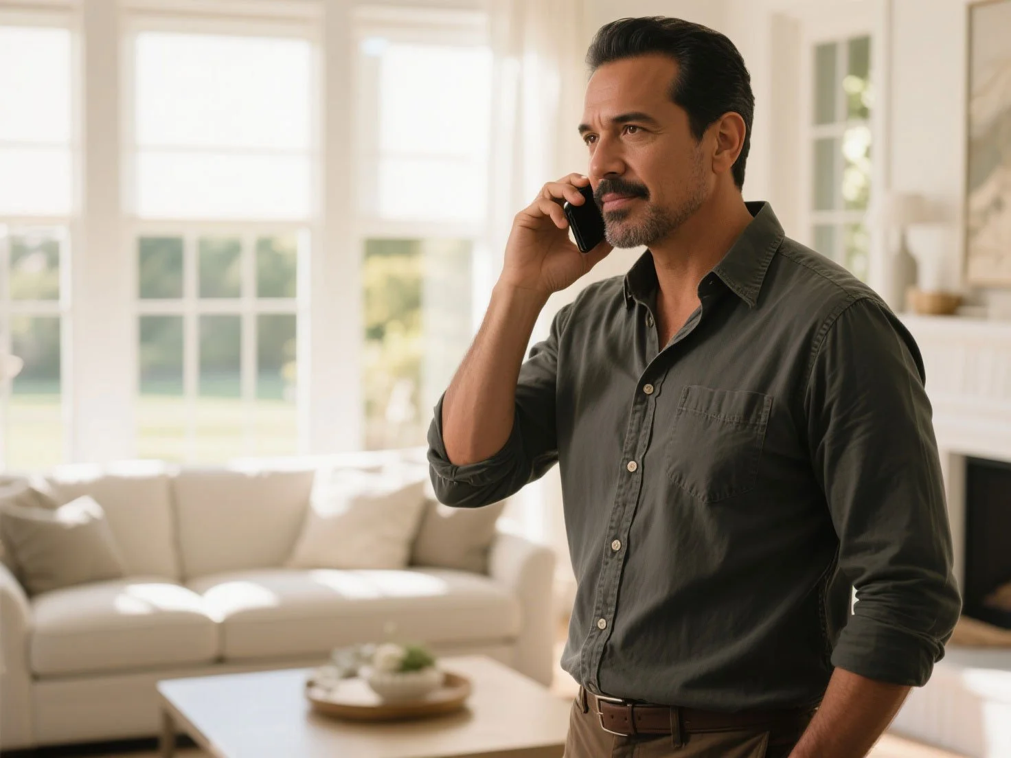 A man with dark hair and a beard wearing a dark green button-up shirt, talking on a cellphone in a bright, modern living room with large windows, a white sofa, and a coffee table.