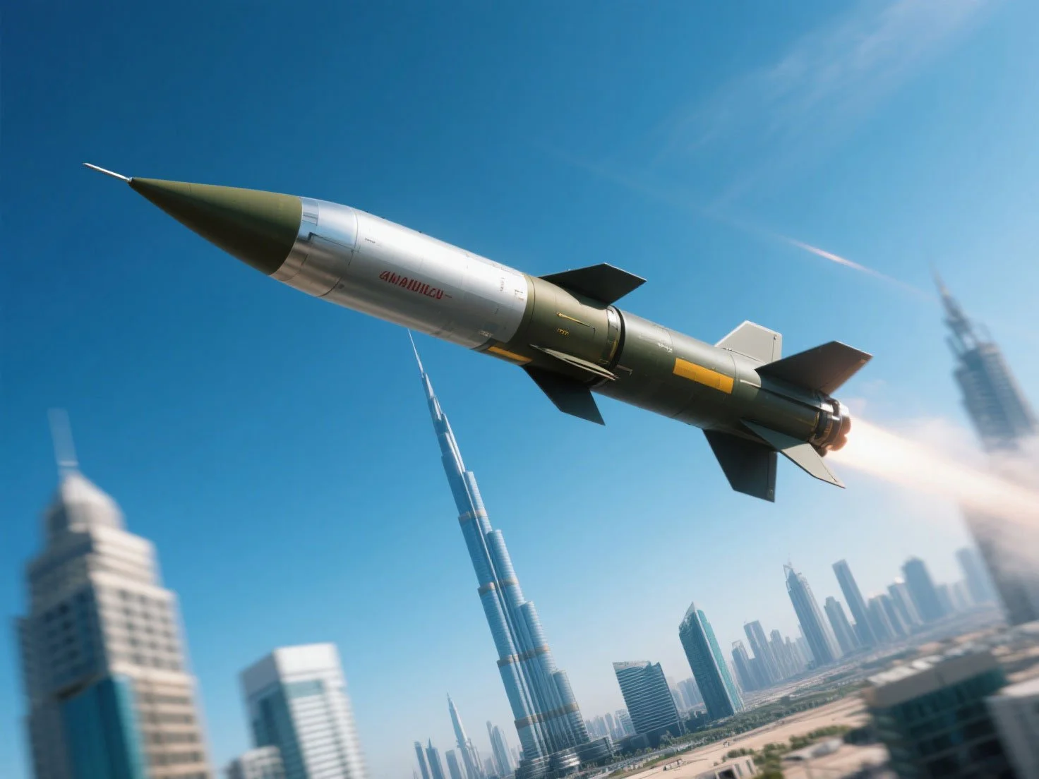 图中导弹掠过迪拜天际线，生动展示了恐怖主义风险保险法案（TRIA）针对的极端安全威胁，强调了该项立法在维护城市商业地产安全、减轻潜在恐怖袭击损失以及保障全球金融市场长期稳定方面所发挥的至关重要的风险管理作用。