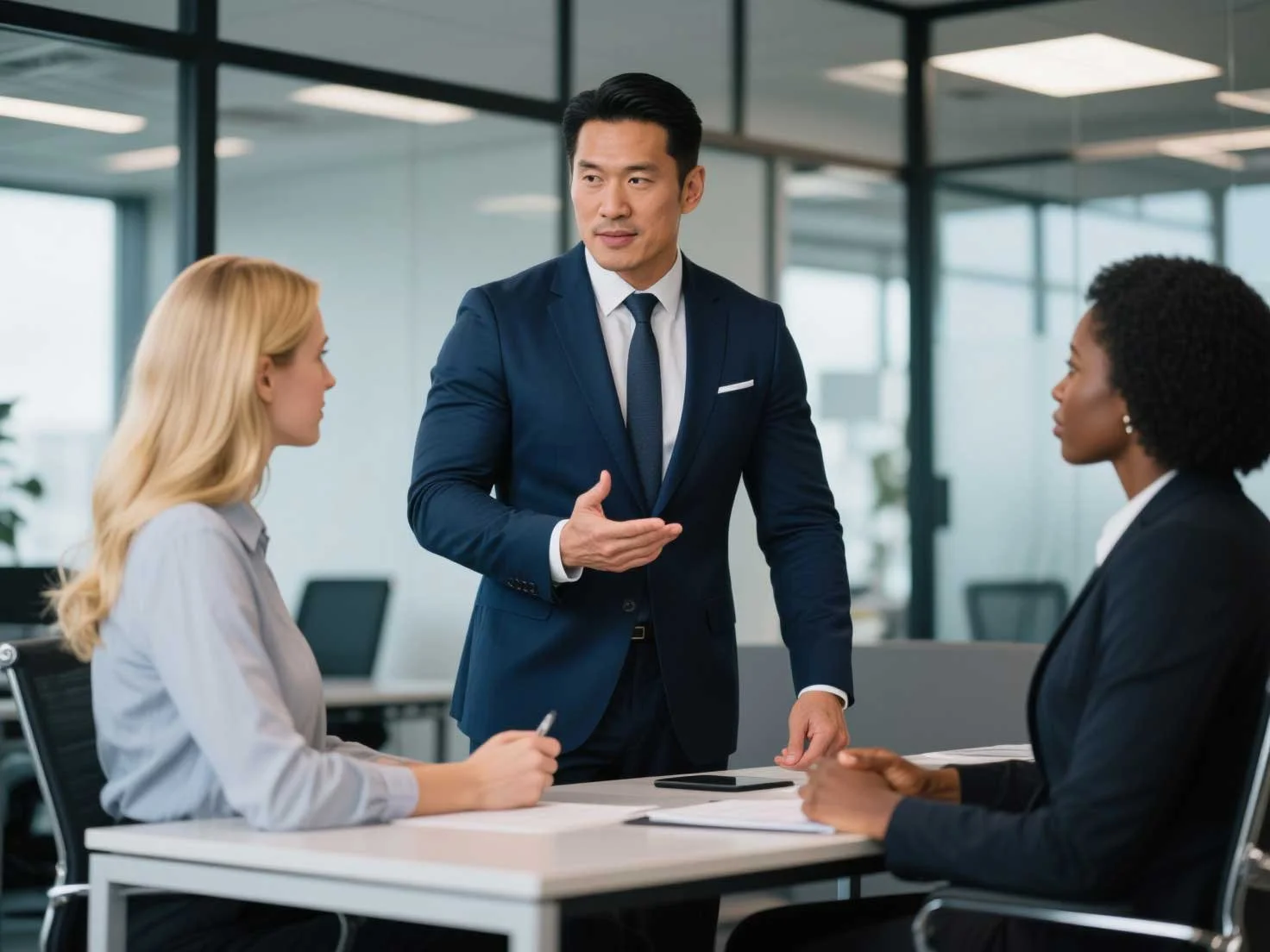 Blue Rock Insurance brokers sitting at a conference table in a modern office setting. They were discussing the important issues of Personal Auto Insurance.
