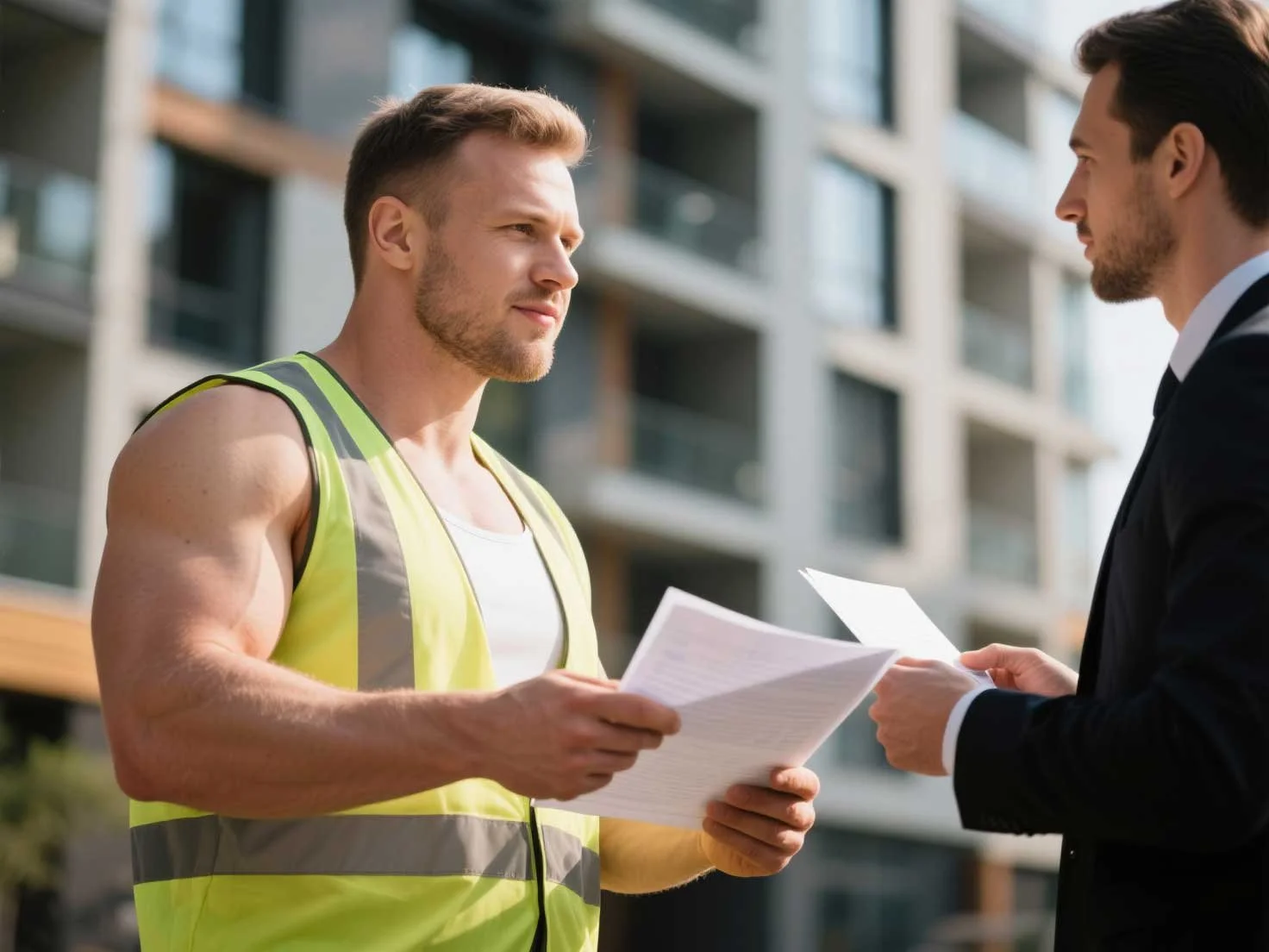 Two men, one in a reflective safety vest and the other in a black suit, standing outdoors in front of a modern building, holding papers and having a conversation.