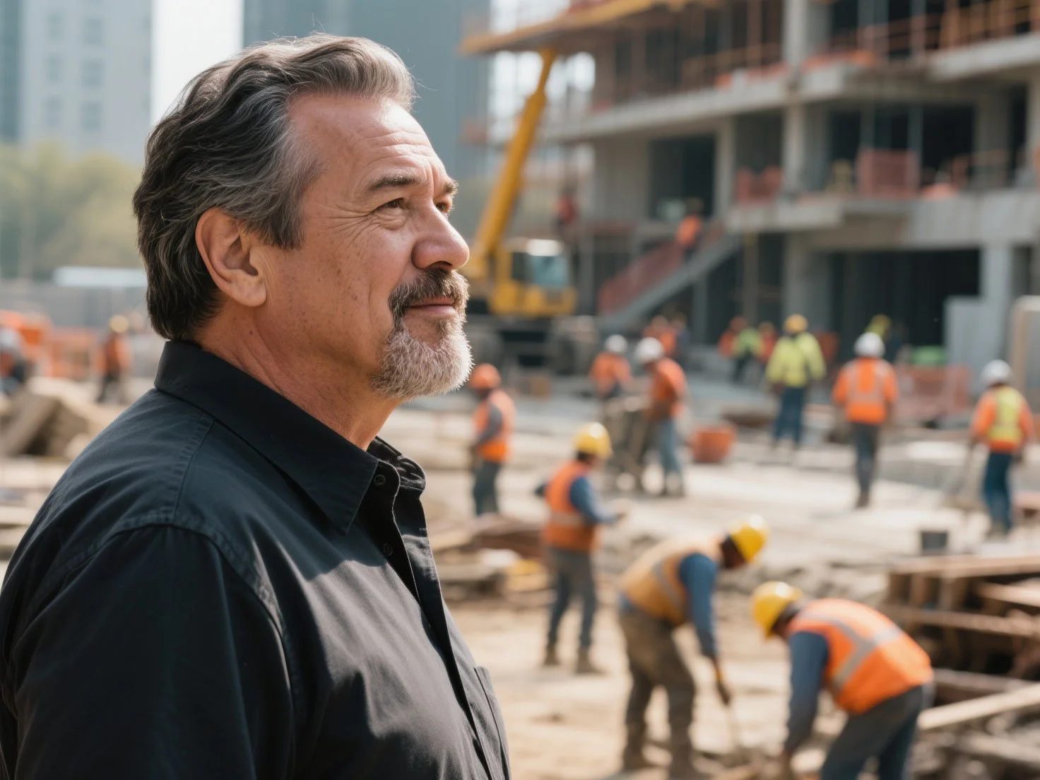 A confident middle-aged man with gray hair and beard, wearing a black shirt, standing in front of a construction site with workers in safety gear working on building a structure. Building owner will feel safe and sound to be covered by OCP insurance.