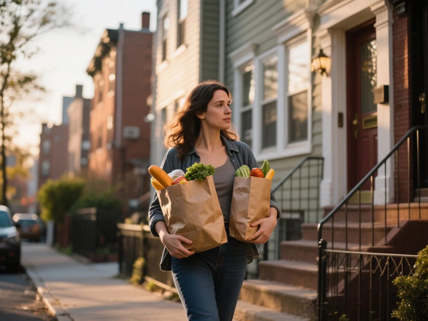 Woman is walking home with bag of grceries in both hands.