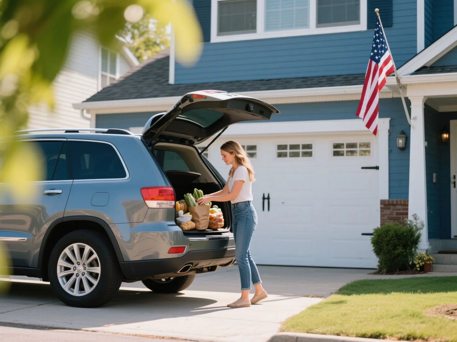 A woman unloading groceries from the trunk of a car in front of a blue house with an American flag. Bundling auto and home insurance could get the biggest saving.