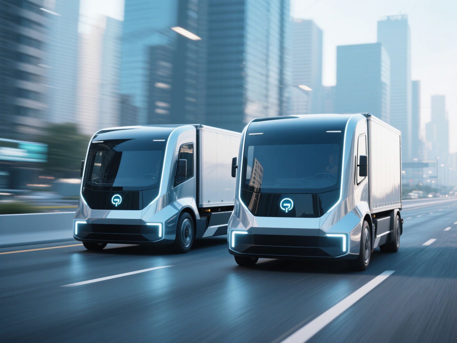 Two futuristic autonomous delivery trucks driving on a city street with tall skyscrapers in the background. Inland marine insurance provides coverage for emergency storage.