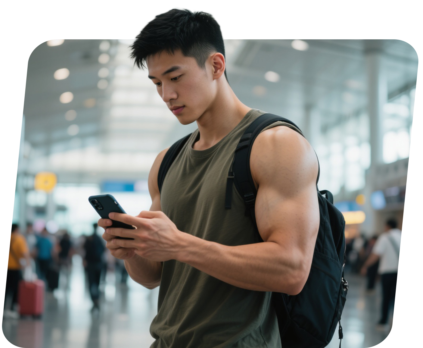 A traveler in an airport terminal uses his smartphone to check his travel insurance policy details before a flight.