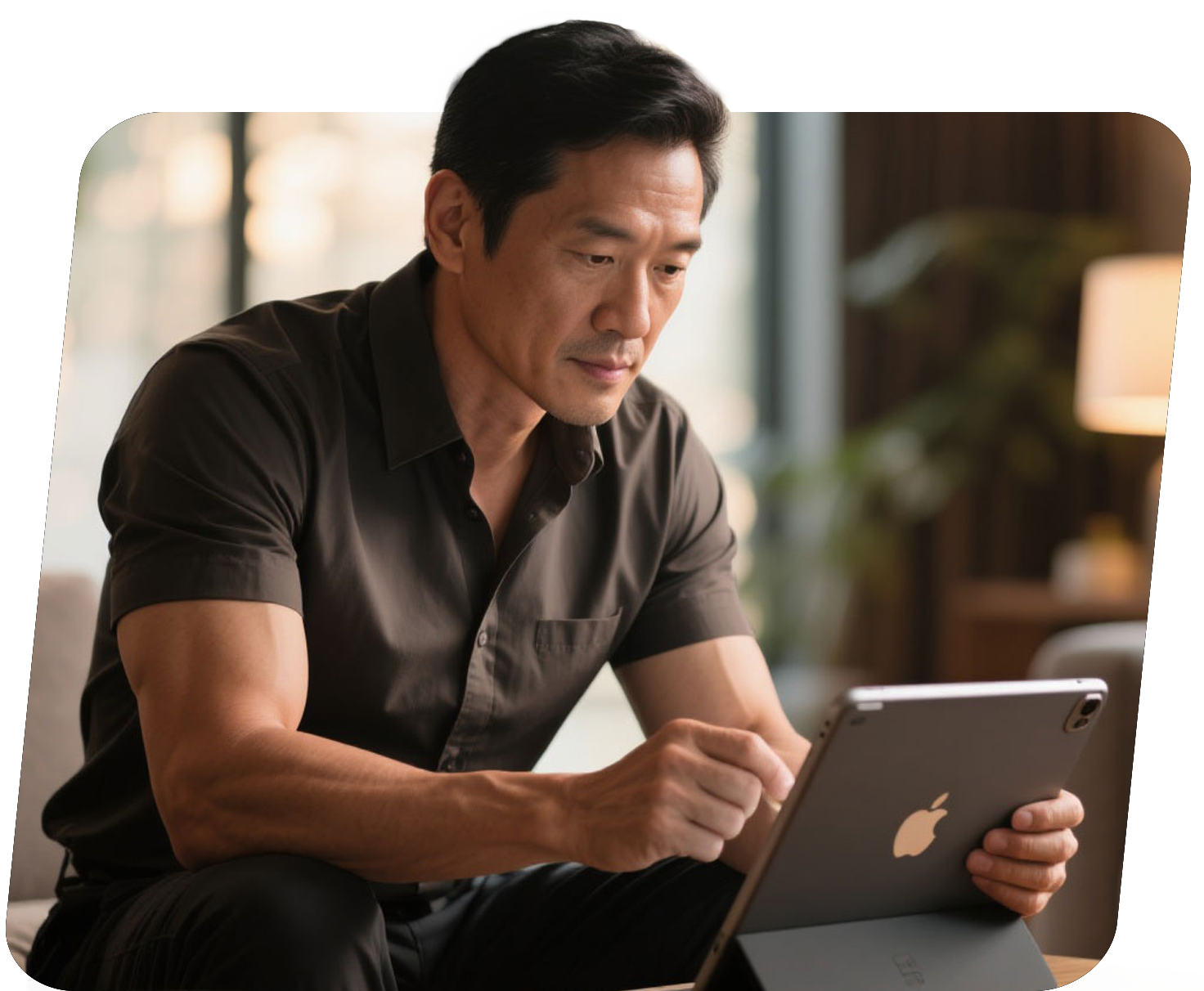 A man sitting indoors, looking at and interacting with a tablet device.