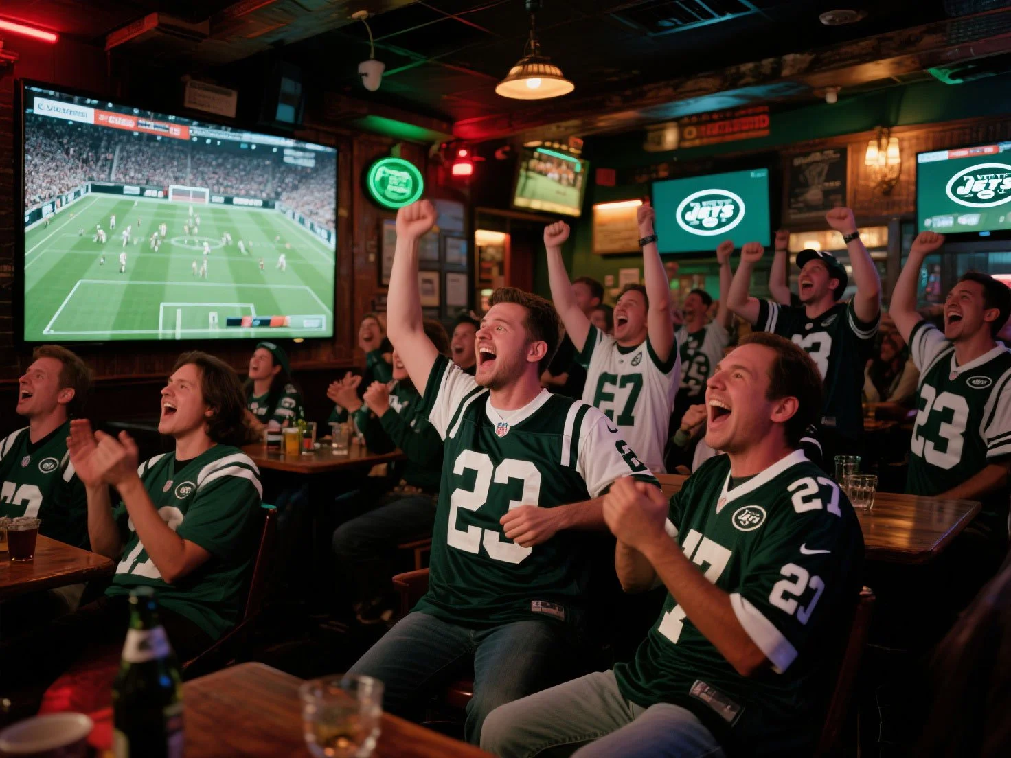 A group of football fans in New York Jets jerseys celebrating and cheering at a sports bar while watching a game on large TV screens.