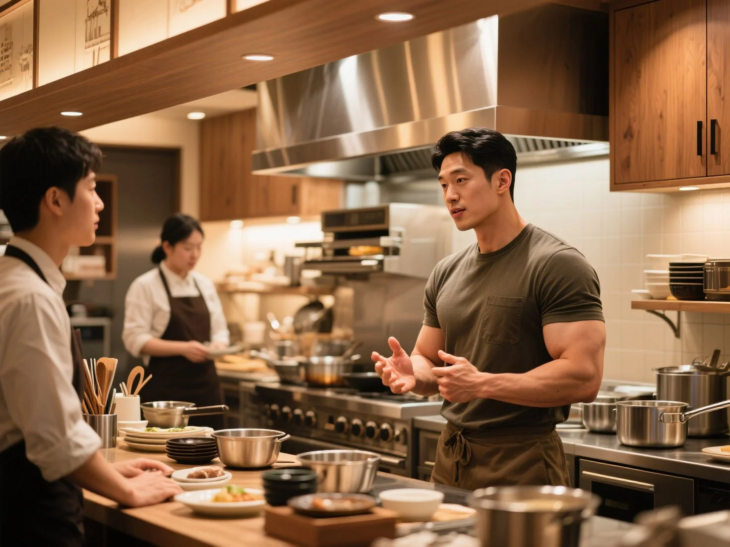 A man in a gray T-shirt and apron speaking to two kitchen staff in a professional kitchen