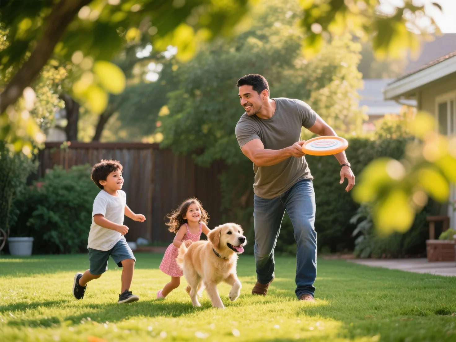 A father playing frisbee with his children and dog in the backyard.