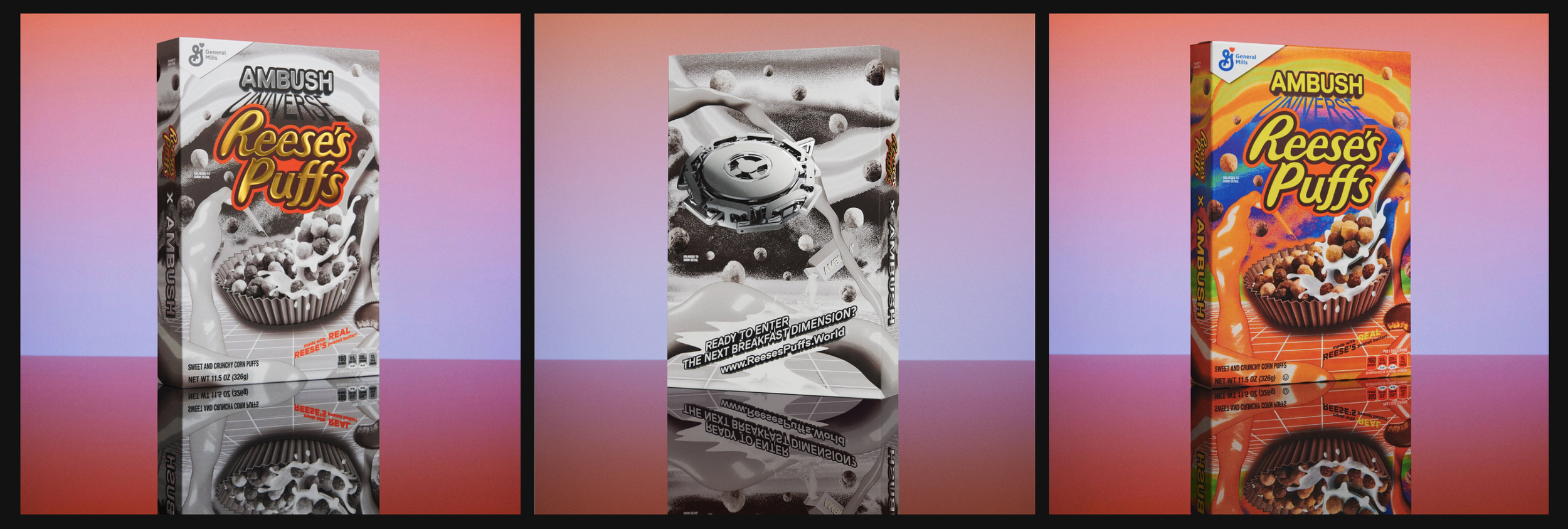        The Collectible Ambush Reese’s Puffs Chrome Box&nbsp;    It mimics exact to the galactic color scheme of the Original Ambush Reese’s Puffs box in its graphics, but is given a chrome profile with reflective text &amp; embossed elements with a l