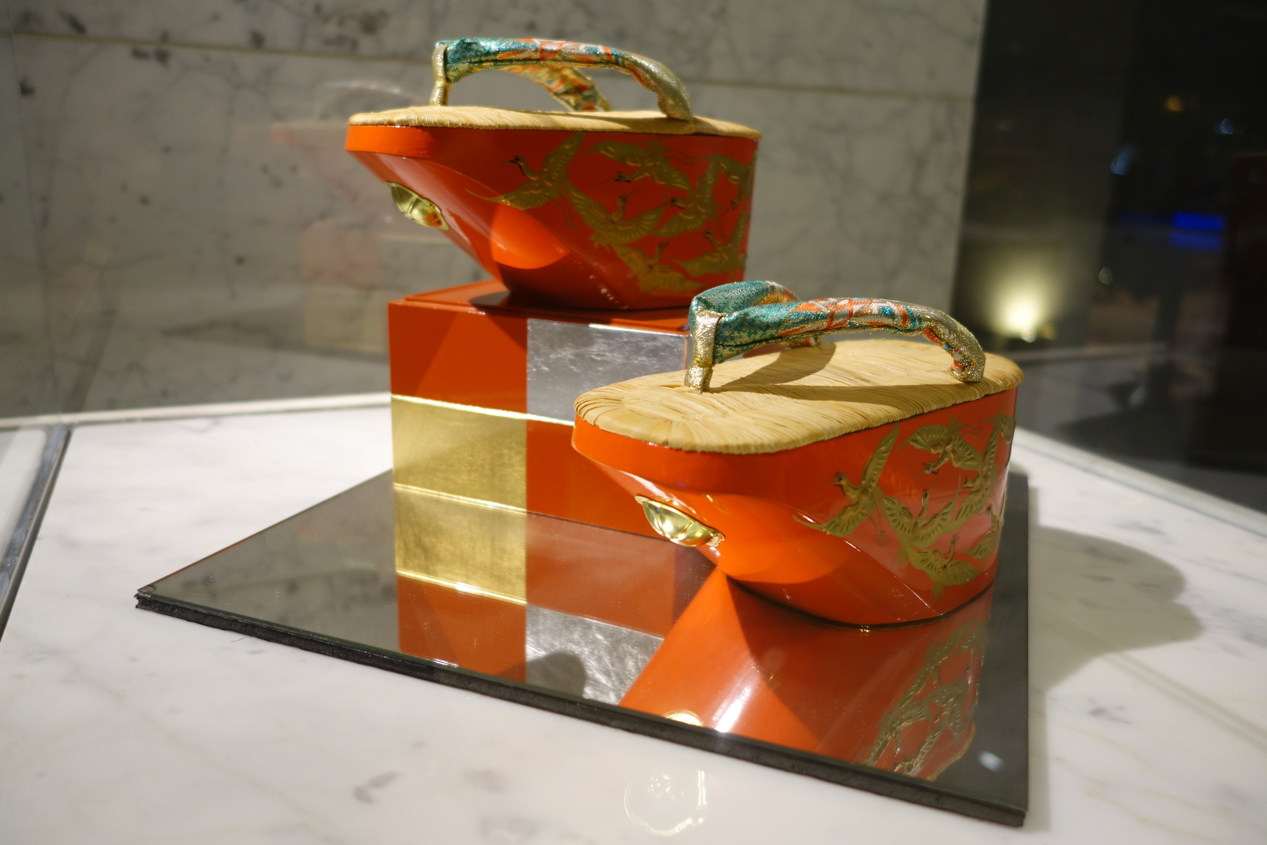 Traditional Japanese footwear inside Hotel Nikko's Lobby.