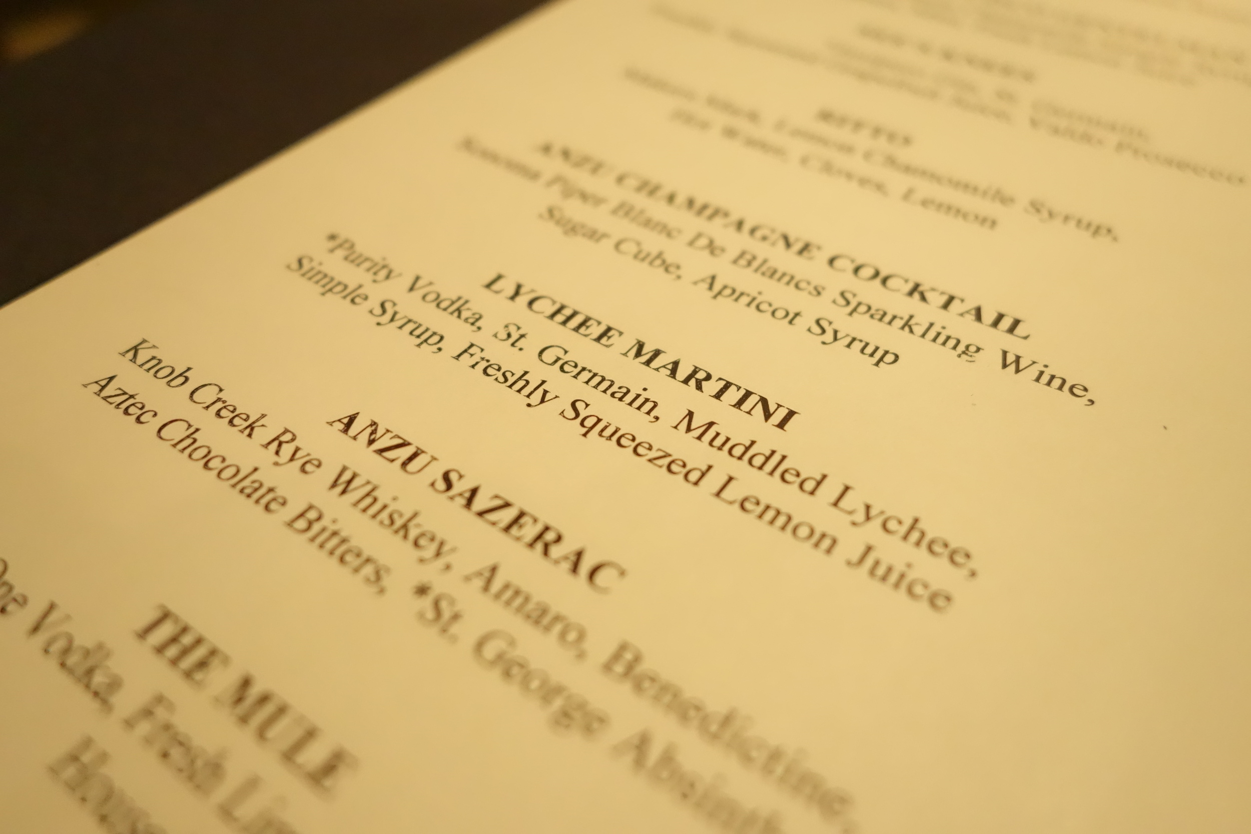 Bar Menu at Anzu Restaurant and Bar.