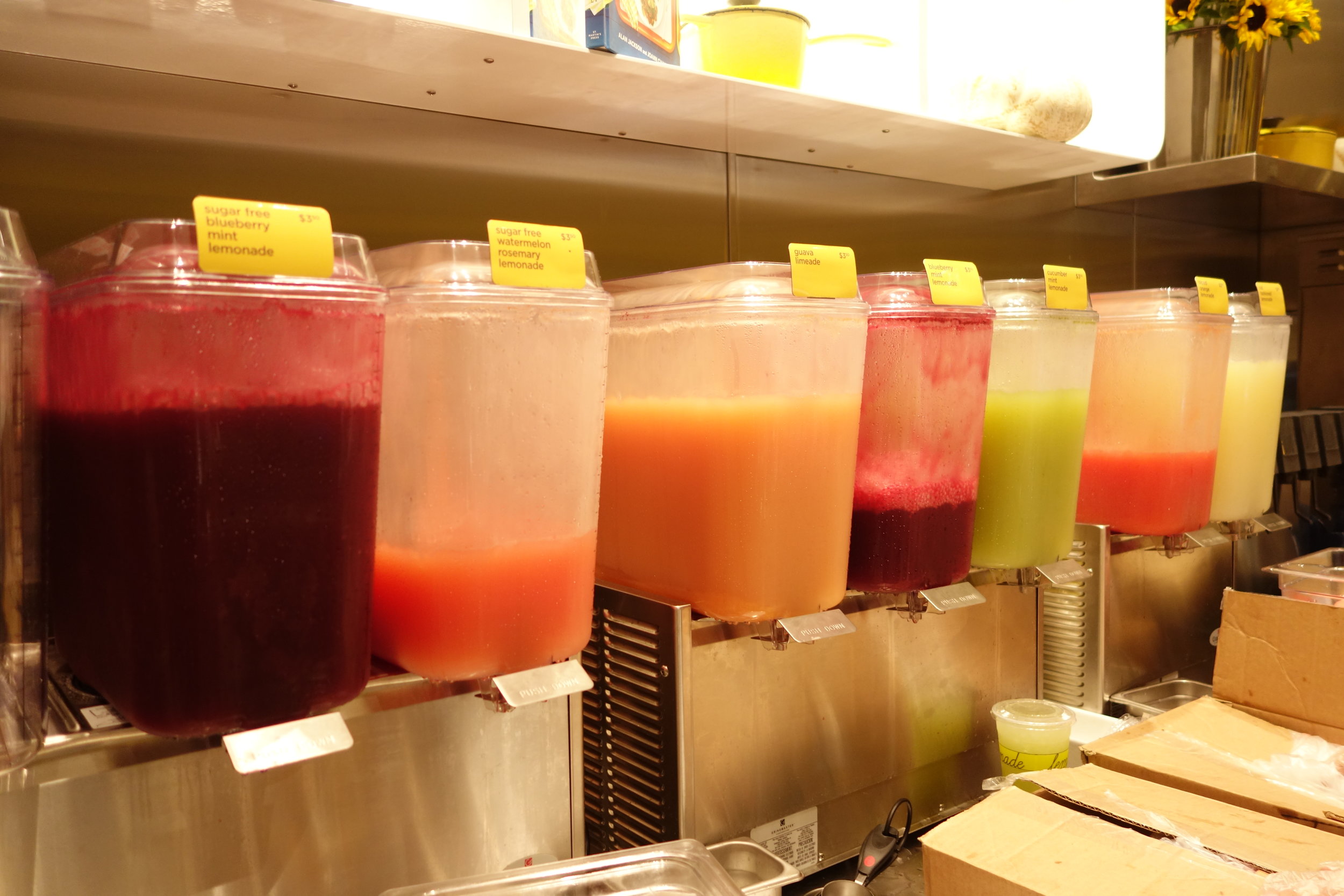 Variety of lemonades: Old Fashioned, Cucumber Mint, Blueberry Mint, Blood Orange, Watermelon Rosemary, Guava Limeade