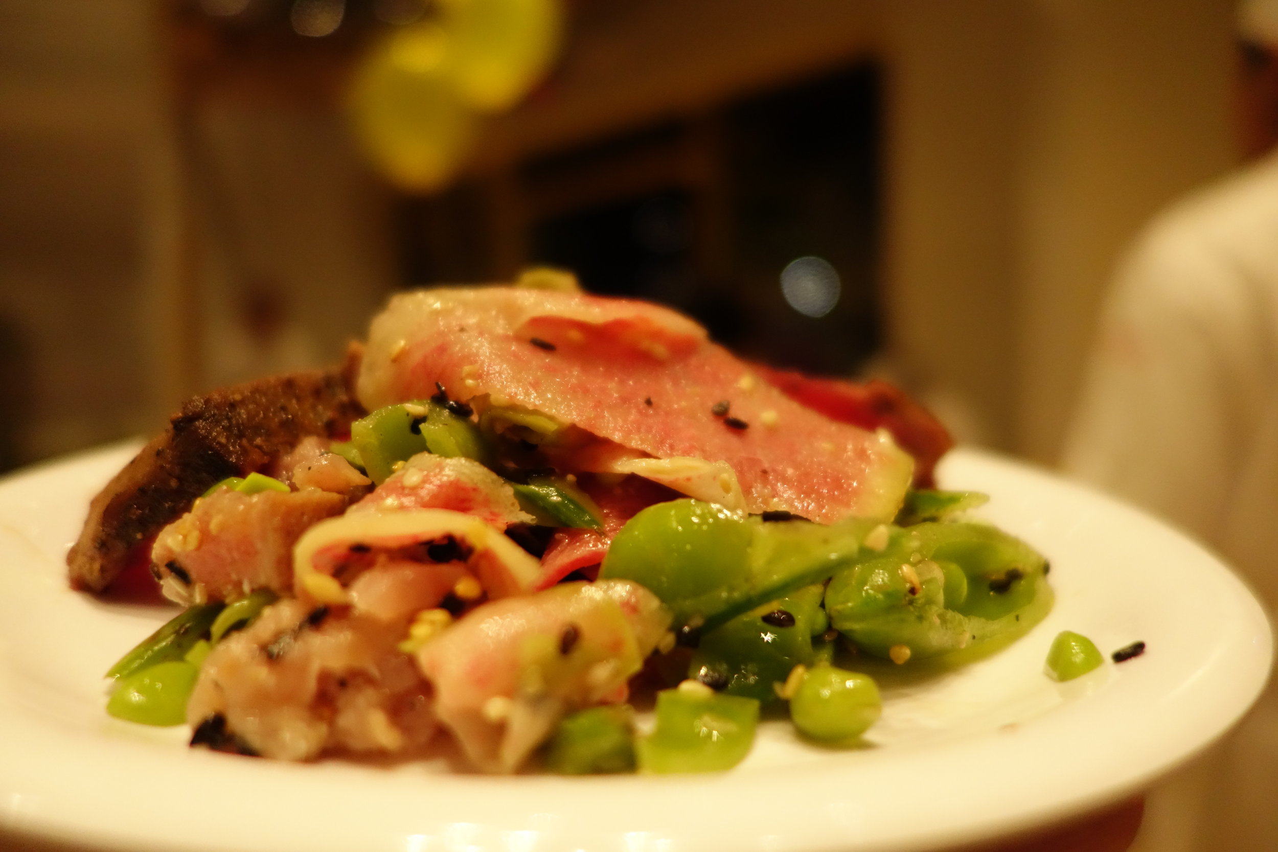 Watermelon Radish & Seared Ahi Tuna with Snap Peas, Ginger, and Sesame Vinaigrette