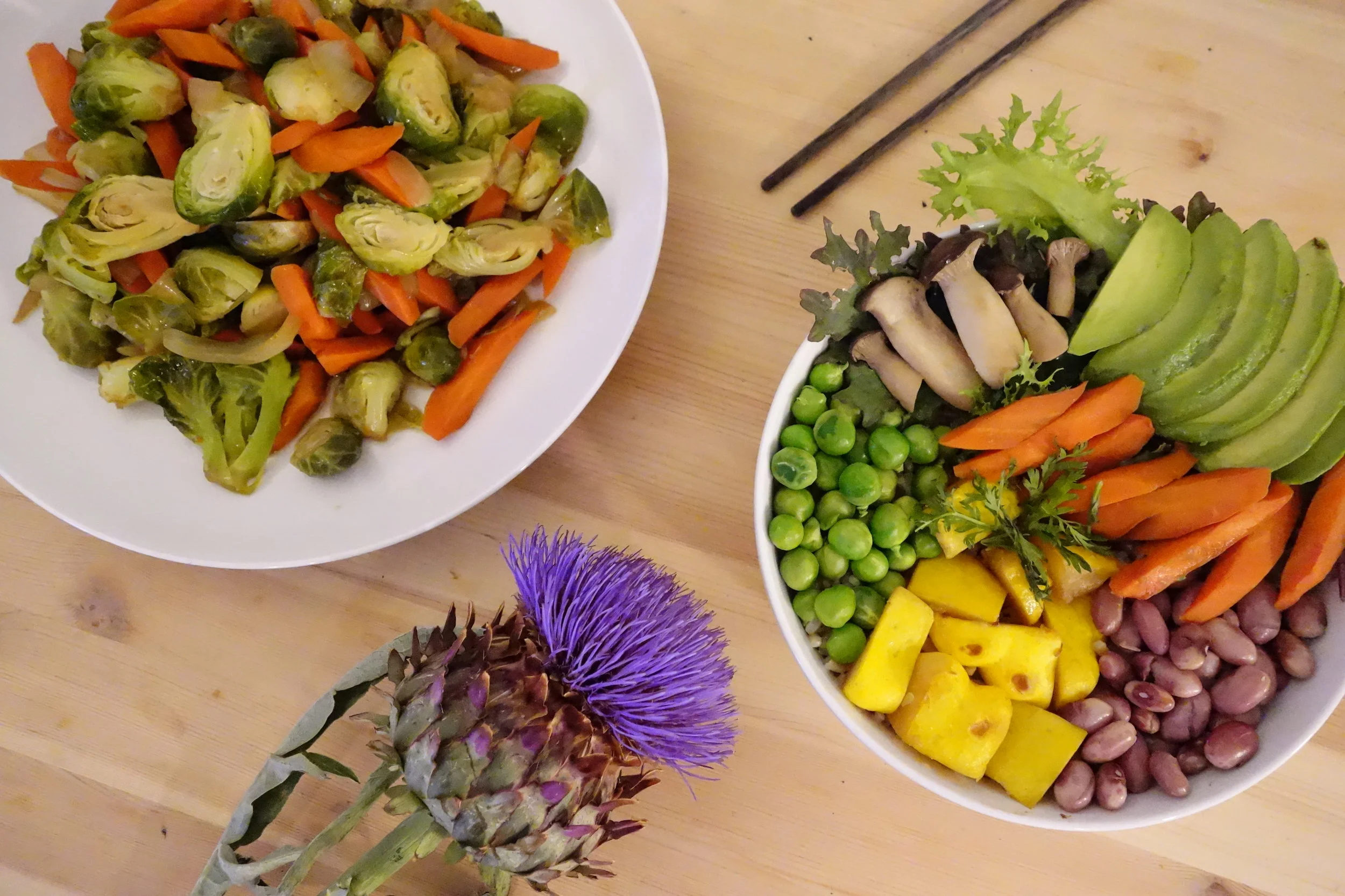 Maple Glazed Brussels Sprouts (Left) & Vitality Bowl (Right). Recipes from MeatLess by Kristie Middleton.