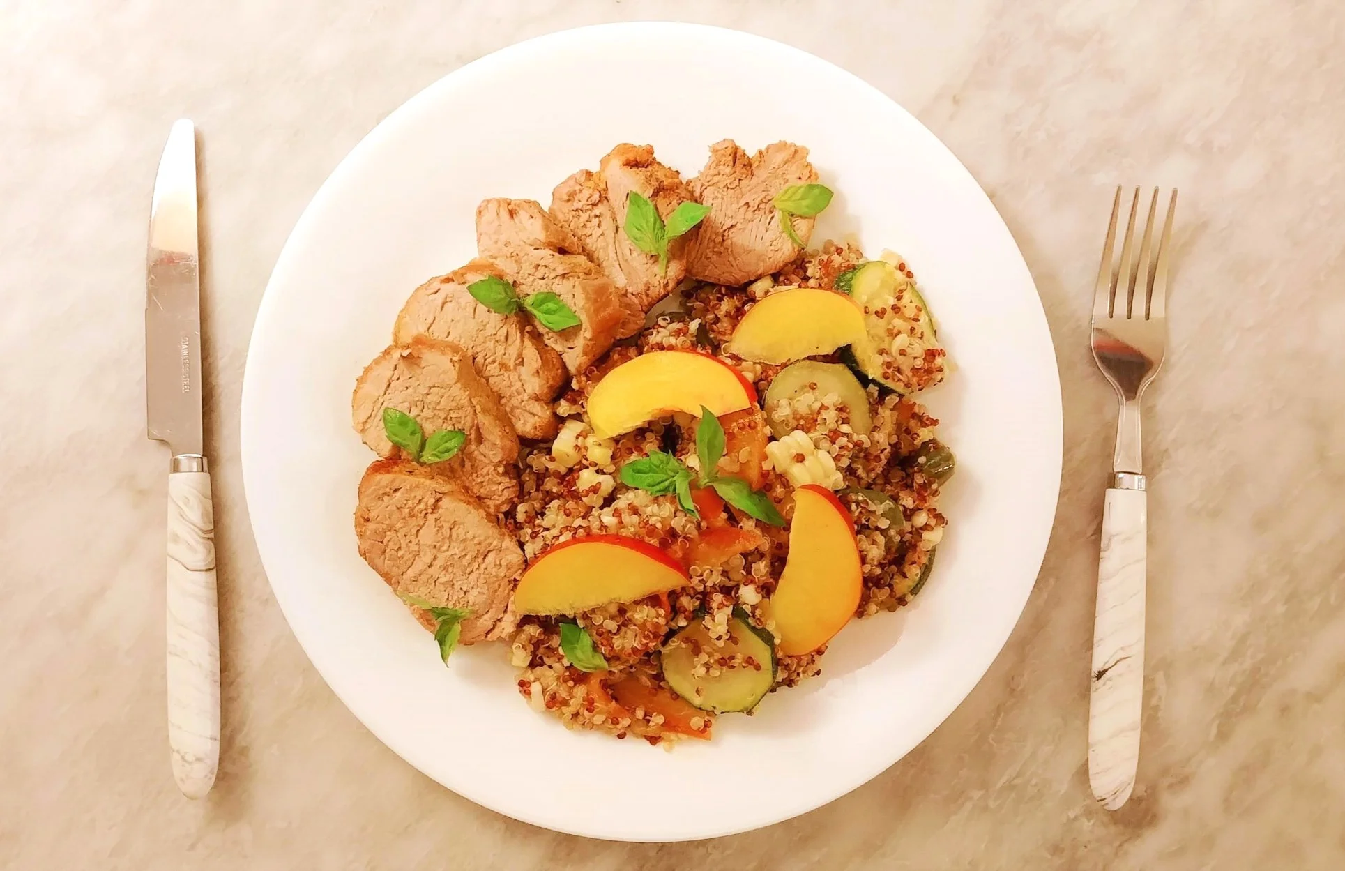 Pork Tenderloin with Peach, Basil & Jalapeno Quinoa. Recipe by Alison Mountford for the Ends+Stems web-app. Photography by Sandy Daenerys.