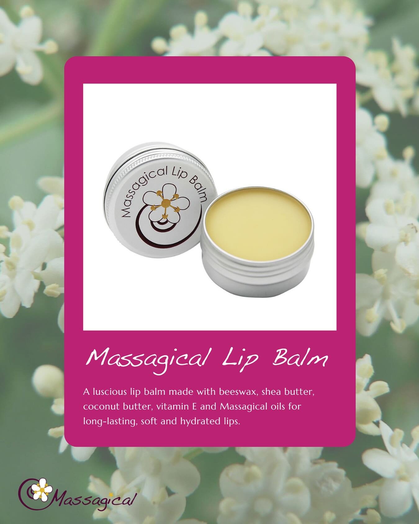 𝗣𝗥𝗢𝗗𝗨𝗖𝗧 𝗦𝗣𝗢𝗧𝗟𝗜𝗚𝗛𝗧: 𝗠𝗮𝘀𝘀𝗮𝗴𝗶𝗰𝗮𝗹 𝗟𝗶𝗽 𝗕𝗮𝗹𝗺! 👄

One of my favourite products (which I use every single day), the luscious Massagical lip balm is made with beeswax, Shea butter, coconut butter, vitamin E and my special ble