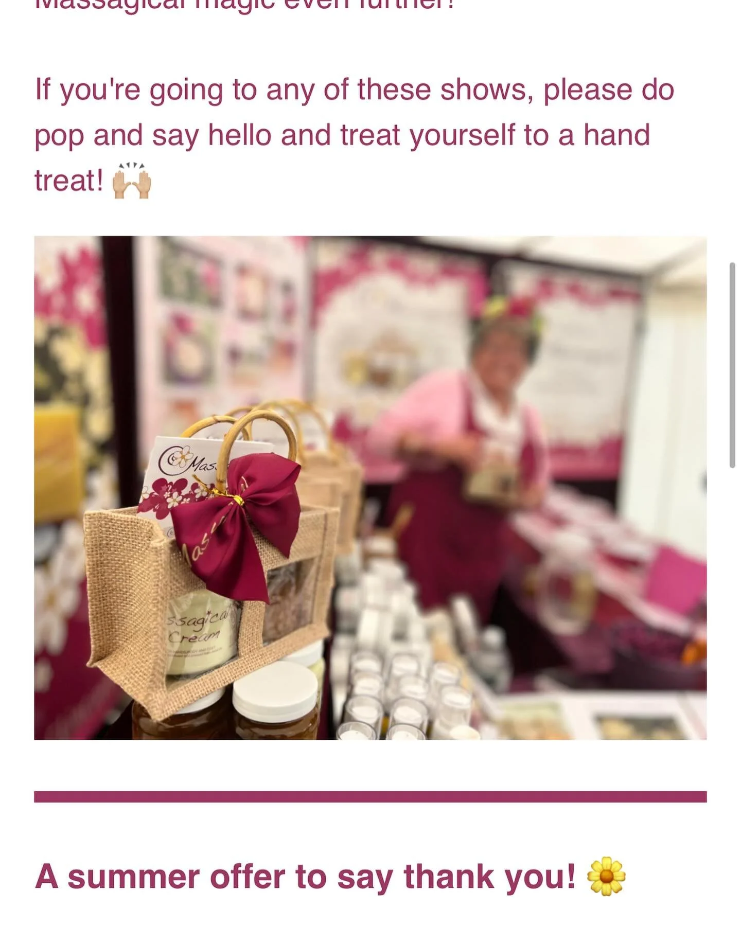 My summer newsletter dropped into inboxes this week! 📩

Take a look for some exciting updates: 
🌸 What&rsquo;s happening at Massagical HQ
🌸 Summer shows
🌸 My recent &lsquo;behind the scenes&rsquo; efforts 
🌸 Gearing up for Christmas 
🌸 PLUS&hel
