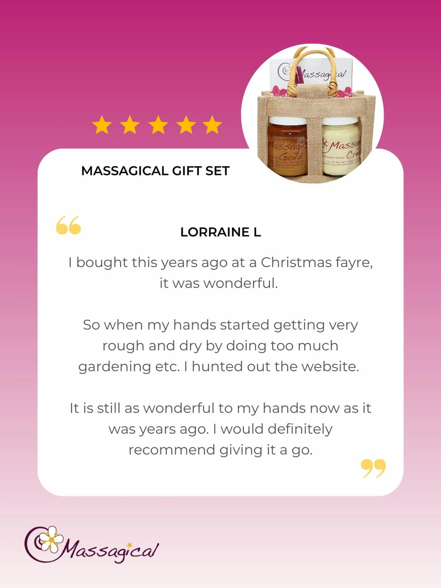 ⭐️⭐️⭐️⭐️⭐️ It&rsquo;s been a while, so it&rsquo;s time to share another wonderful customer review! 

A huge thank you to Lorraine who shared her review of the Massagical Gift Set on my website. 🩷

The shows I attend each year are a great way for me 